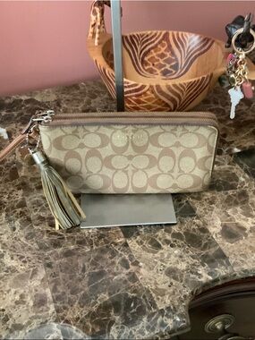 Coach Brown Signature Double Zip Wristlet with Tassel Accent GUC